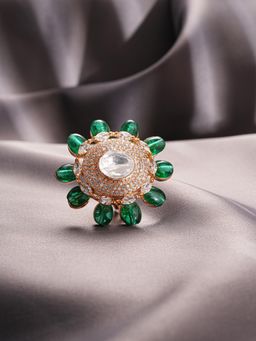 Saraf RS Jewellery - Gold Plated Kundan Green Beads Studded Adjustable Finger Ring