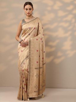 Libas - Gold Embroidered Sequined Saree with Unstitched Blouse
