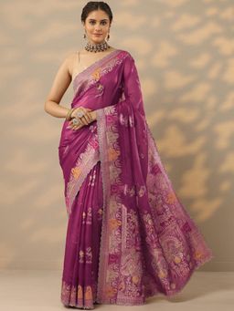 Libas - Mauve Embroidered Sequined Saree with Unstitched Blouse