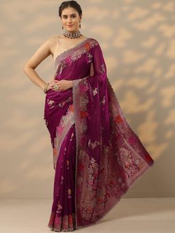 Libas - Burgundy Embroidered Sequined Saree with Unstitched Blouse