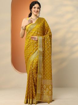 Libas - Yellow Woven Zari Saree with Unstitched Blouse