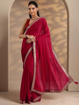 Libas - Red Embroidered Sequined Saree with Unstitched Blouse