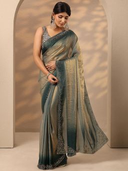 Libas - Green Embroidered Sequined Saree with Unstitched Blouse