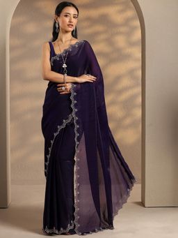 Libas - Purple Embroidered Sequined Saree with Unstitched Blouse