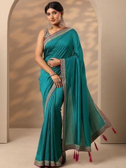 Libas - Teal Embroidered Sequined Saree with Unstitched Blouse