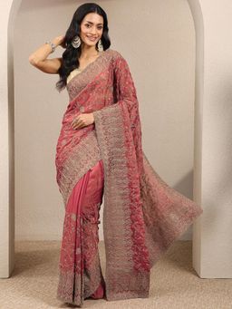 Libas - Magenta Embroidered Sequined Saree with Unstitched Blouse