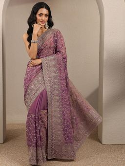 Libas - Magenta Embroidered Sequined Saree with Unstitched Blouse