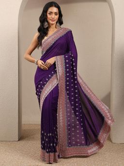 Libas - Purple Embroidered Thread Work Saree with Unstitched Blouse