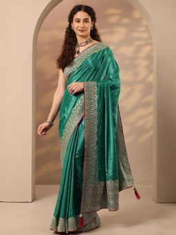 Libas - Green Embroidered Sequined Saree with Unstitched Blouse