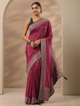 Libas - Pink Embroidered Sequined Saree with Unstitched Blouse