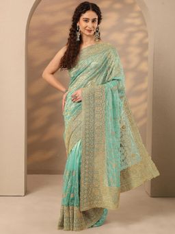 Libas - Green Embroidered Sequined Saree with Unstitched Blouse