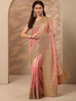 Libas - Coral Embroidered Sequined Saree with Unstitched Blouse