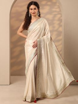 Libas - Cream Embroidered Sequined Saree with Unstitched Blouse