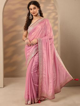 Libas - Pink Embroidered Sequined Saree with Unstitched Blouse