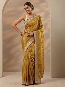 Libas - Mustard Embroidered Sequined Saree with Unstitched Blouse