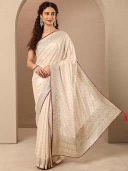 Libas - Cream Embroidered Sequined Saree with Unstitched Blouse