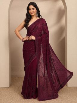 Libas - Maroon Embroidered Thread Work Saree with Unstitched Blouse
