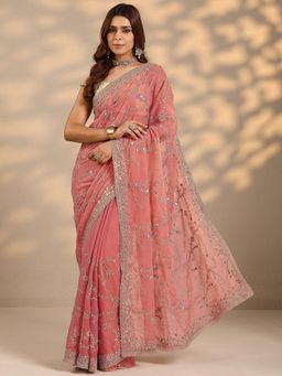 Libas - Peach Embroidered Sequined Saree with Unstitched Blouse