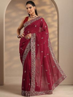 Libas - Red Embroidered Sequined Saree with Unstitched Blouse