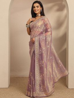 Libas - Lavender Embroidered Sequined Saree with Unstitched Blouse
