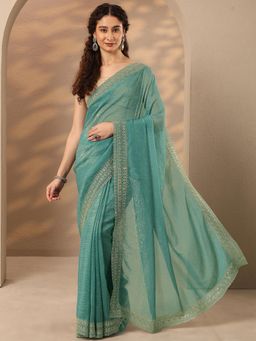 Libas - Turquoise Embroidered Sequined Saree with Unstitched Blouse