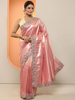 Libas - Pink Sequined Mirror Work Saree with Unstitched Blouse