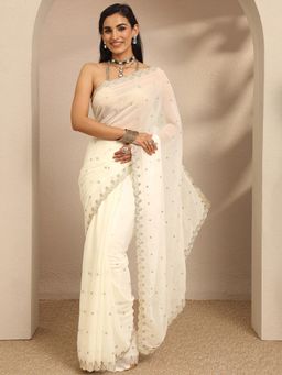 Libas - Cream Embroidered Sequined Saree with Unstitched Blouse
