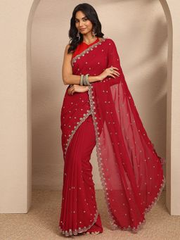 Libas - Red Embroidered Sequined Saree with Unstitched Blouse