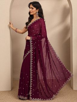 Libas - Maroon Embroidered Sequined Saree with Unstitched Blouse