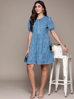 Label Ritu Kumar - Blue Floral Print Knee Length Dress
