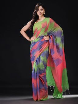 Beatitude - Multicolor Blended Cotton Woven Saree with Unstitched Blouse
