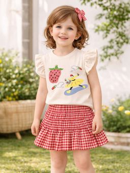 Mi Arcus - Multi-Color Cotton Printed Cap Sleeves Top & Check Skirt