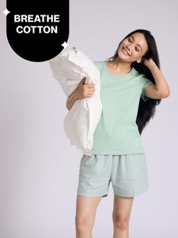 Nykd by Nykaa - Nykd by NykaaEssential Cotton Shorts Coord Set With Crew Neck Cotton Knit Tee Nys942 Green Stripe