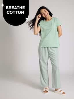 Nykd by Nykaa - Nykd by NykaaEssential Cotton Pyjama Coord Set With Crew Neck Cotton Knit Tee Nys943 Green Stripe