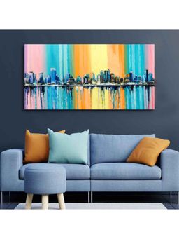 Vibecrafts - Wall Painting of A Fantasy Coastal city with a Rainbow Background