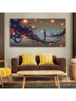 Vibecrafts - Beautiful Wall Painting of Man Walking on Tree with many Lanterns Background