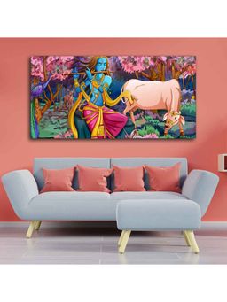 Vibecrafts - Lord Krishna Playing Flute Pink Trees in Background Canvas Wall Painting