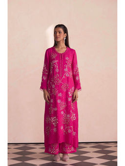 One Not Two - Pink Embroidered Silk Kurta with Slip and Palazzo (Set of 3)