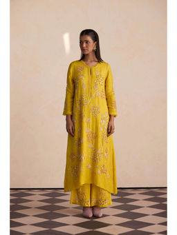 One Not Two - Yellow Embroidered Silk Kurta with Slip and Palazzo (Set of 3)