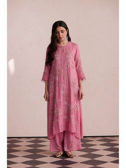 One Not Two - Pink Embroidered Kurta with Slip and Palazzo (Set of 3)