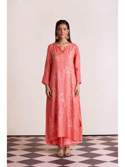 One Not Two - Coral Silk Kurta with Palazzo and Slip (Set of 3)