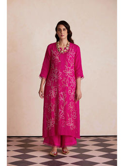 One Not Two - Pink Silk Kurta with Palazzo and Slip (Set of 3)