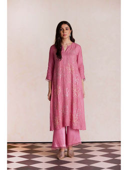 One Not Two - Mauve Silk Kurta with Palazzo and Slip (Set of 3)