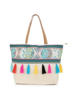 Anekaant - Droopy Natural & Multi Greek Key Textured Polycotton Jacquard & Leatherette Tote Bag
