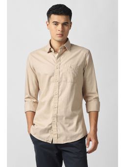 Van Heusen - Men's Beige Solid Full Sleeves Casual Shirt