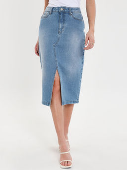 Threadbare - Light Blue Wash Denim Split Front Midi Skirt