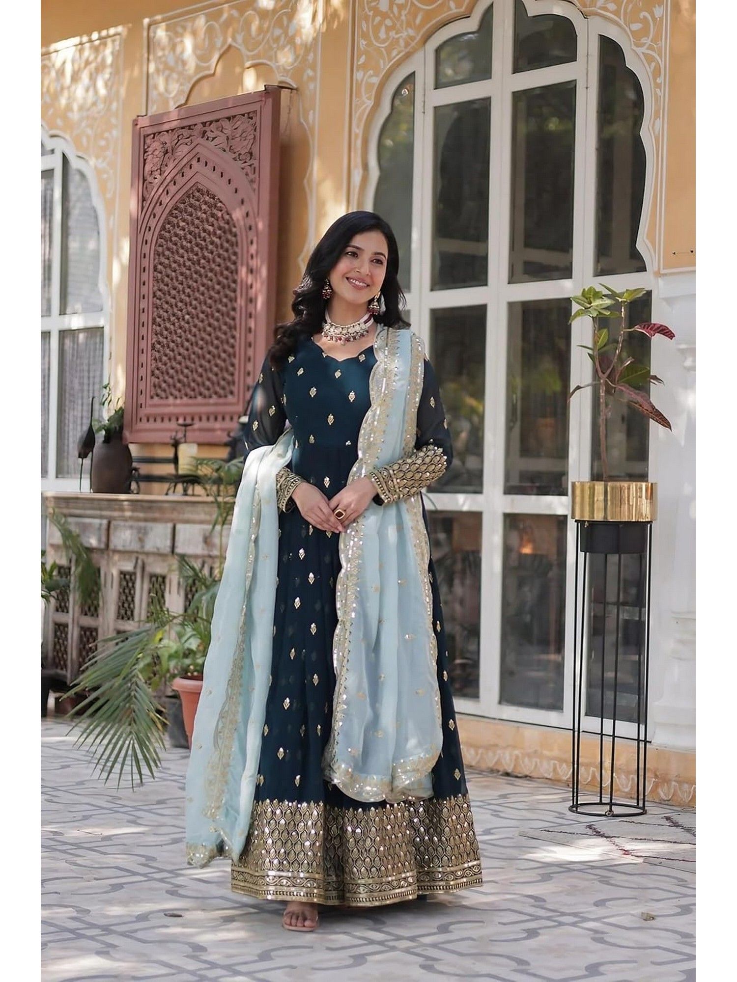 anveri textiles Women Elegant Teal Georgette Anarkali Dress with Dupatta-picture-48