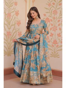 Anveri Textiles - Women Blue Floral Printed Georgette Anarkali Dress with Dupatta