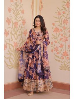 Anveri Textiles - Women Purple Floral Printed Georgette Anarkali Dress with Dupatta