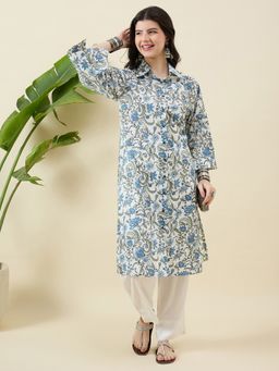 Aritri - Women Floral Printed Regular Pure Cotton Off White Kurta with Pant
